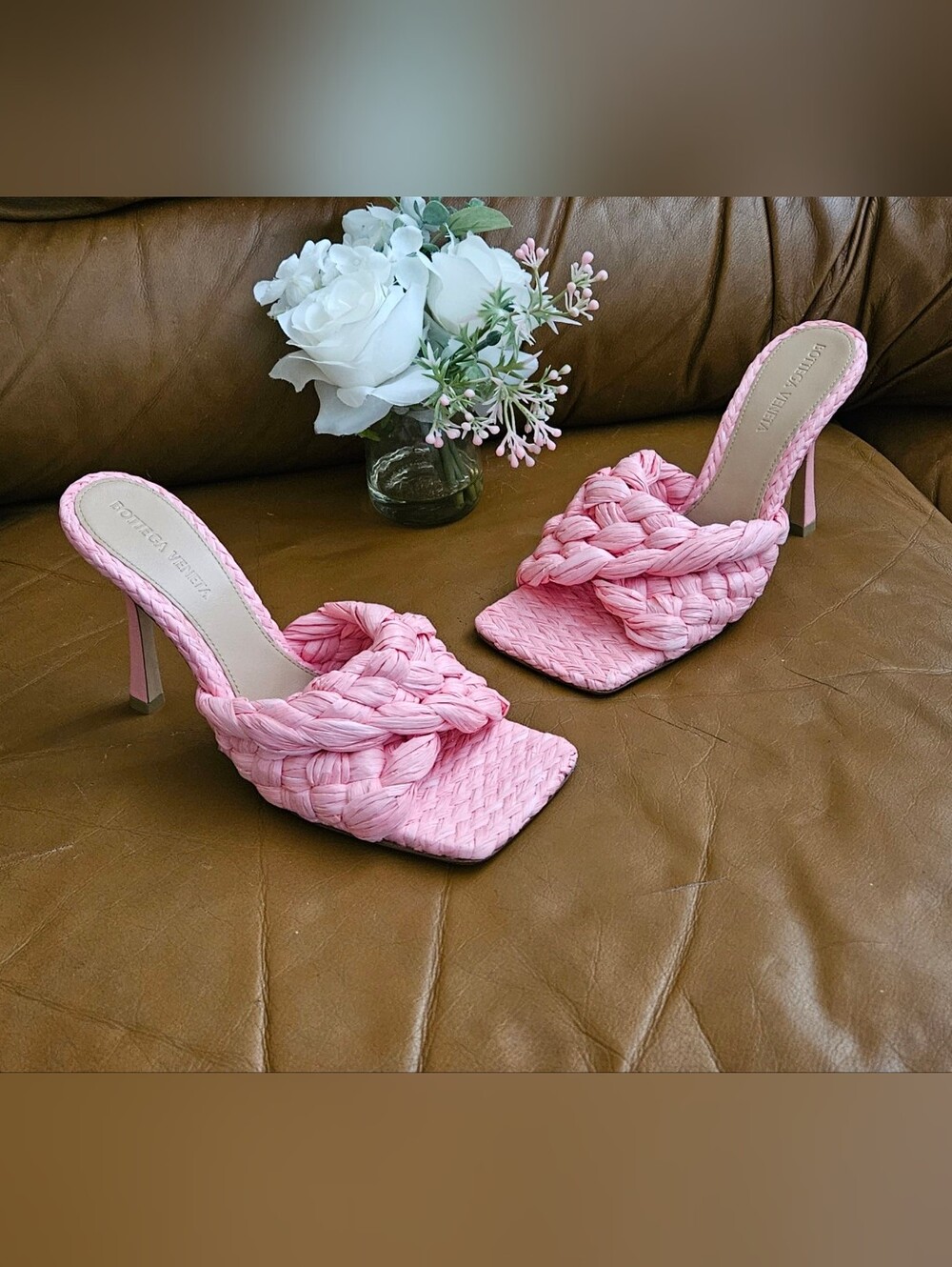 Bottega Veneta Pink Woven Raffia High-End Designer Mules Heels Size 6.5 US